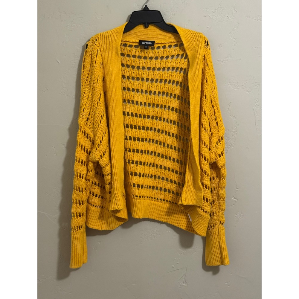 Express Cardigan Womens L Mustard Yellow Open Knit Crochet Cardigan